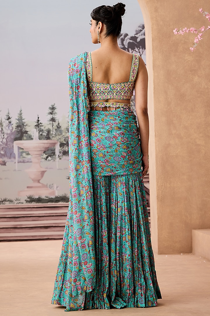 Turquoise Chinon Chiffon Printed Sharara Wedding Saree Set by Aneesh Agarwaal PRET at Pernia's Pop Up Shop