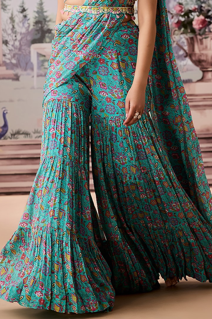 Turquoise Chinon Chiffon Printed Sharara Wedding Saree Set by Aneesh Agarwaal PRET at Pernia's Pop Up Shop