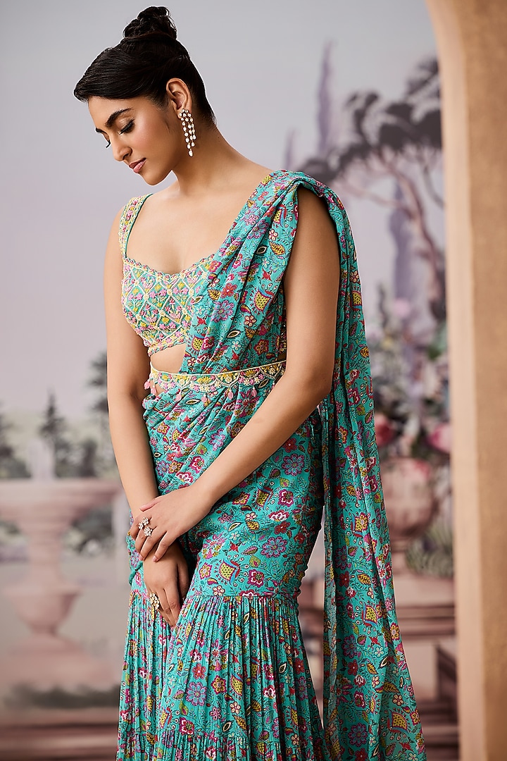 Turquoise Chinon Chiffon Printed Sharara Wedding Saree Set by Aneesh Agarwaal PRET at Pernia's Pop Up Shop