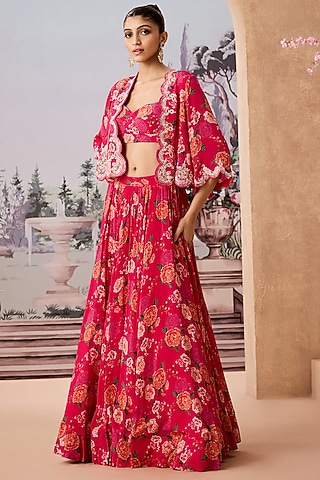 Rani Pink Crepe Printed Skirt Set by Aneesh Agarwaal PRET