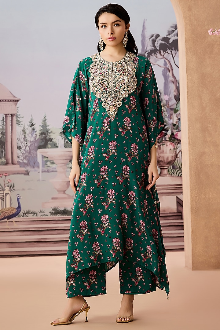 Green Crepe Silk Hand Embroidered Kaftan Set by Aneesh Agarwaal PRET at Pernia's Pop Up Shop