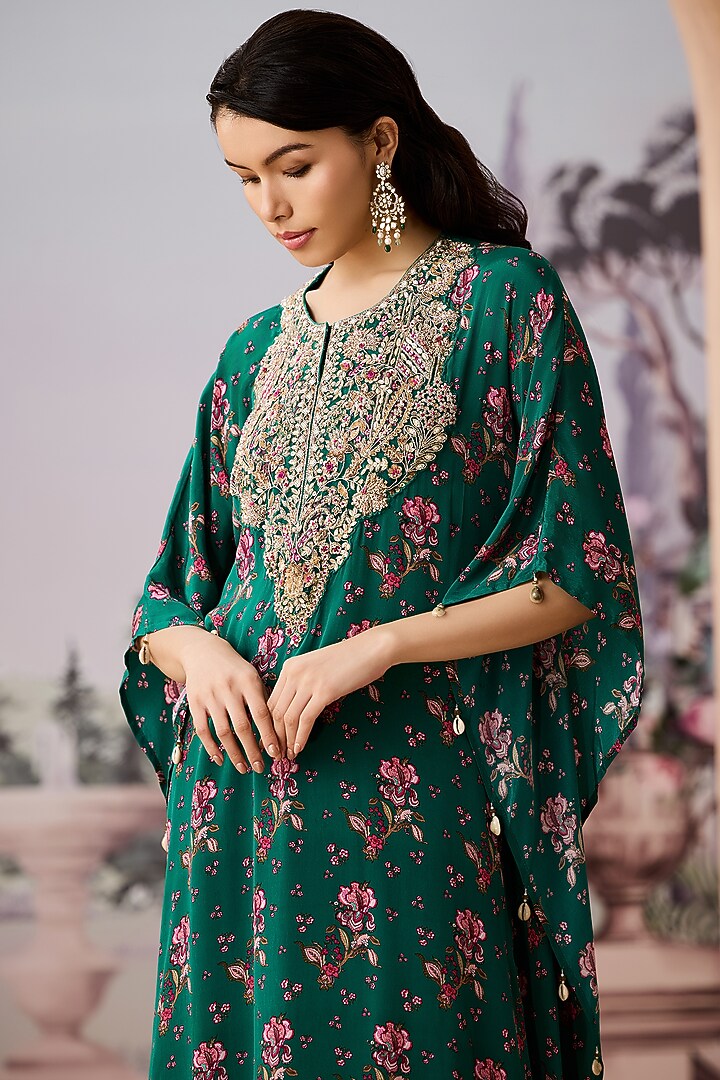 Green Crepe Silk Hand Embroidered Kaftan Set by Aneesh Agarwaal PRET at Pernia's Pop Up Shop