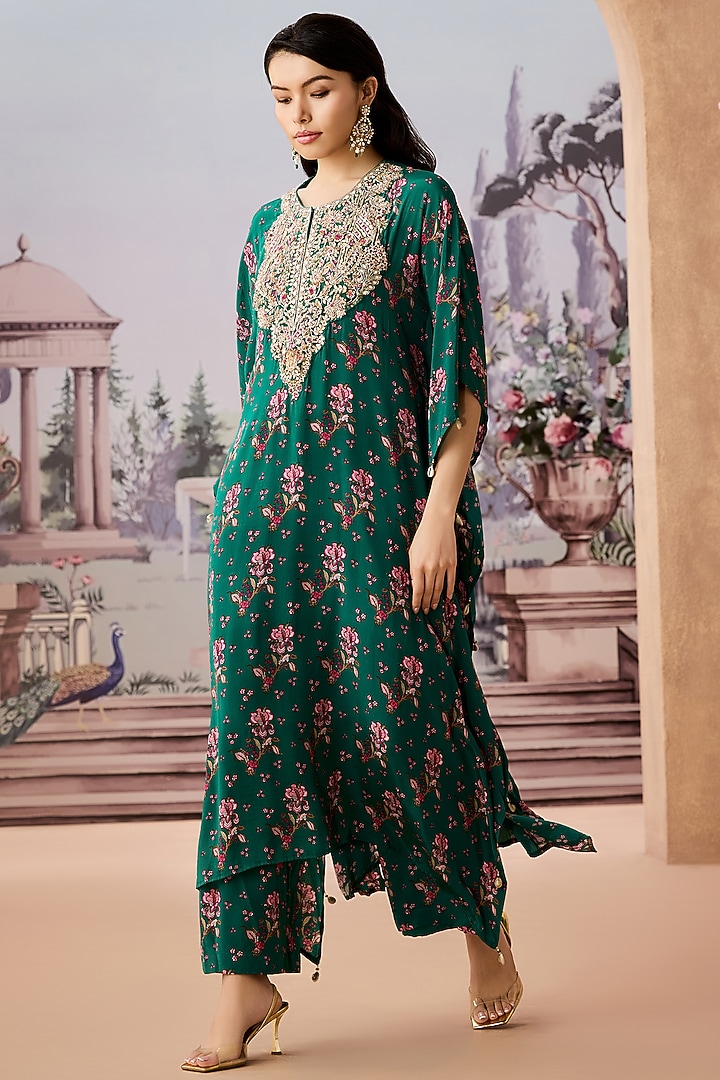 Green Crepe Silk Hand Embroidered Kaftan Set by Aneesh Agarwaal PRET at Pernia's Pop Up Shop
