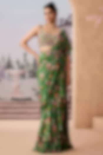 Green Chinon Chiffon Printed Saree Set by Aneesh Agarwaal PRET at Pernia's Pop Up Shop