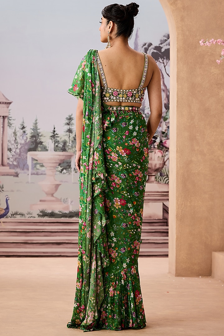 Green Chinon Chiffon Printed Wedding Saree Set by Aneesh Agarwaal PRET at Pernia's Pop Up Shop