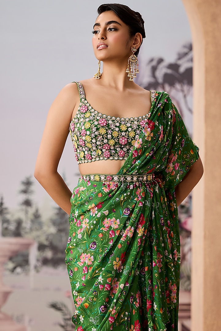 Green Chinon Chiffon Printed Wedding Saree Set by Aneesh Agarwaal PRET at Pernia's Pop Up Shop