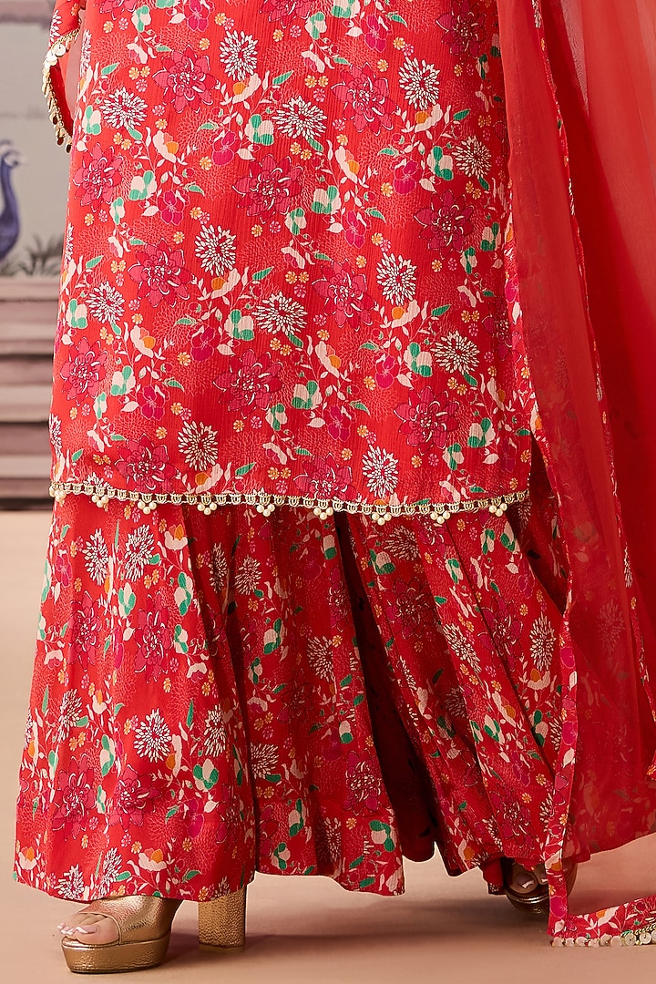 Orange Chinon Chiffon Printed & Embroidered Kurta Set by Aneesh Agarwaal PRET at Pernia's Pop Up Shop