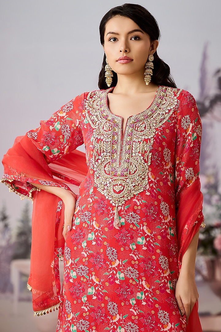 Orange Chinon Chiffon Printed & Embroidered Kurta Set by Aneesh Agarwaal PRET at Pernia's Pop Up Shop
