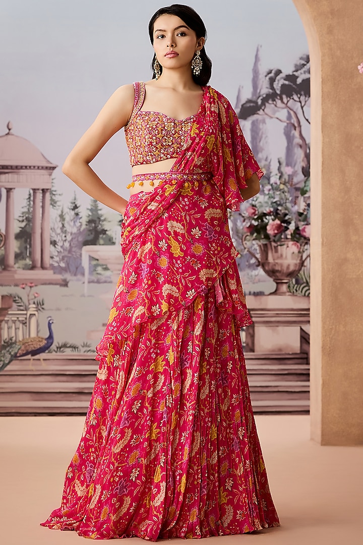 Fuchsia Chinon Chiffon Printed Pre-Draped Saree Set by Aneesh Agarwaal PRET at Pernia's Pop Up Shop