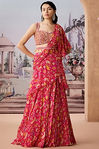 Fuchsia Chinon Chiffon Printed Pre-Draped Saree Set by Aneesh Agarwaal PRET