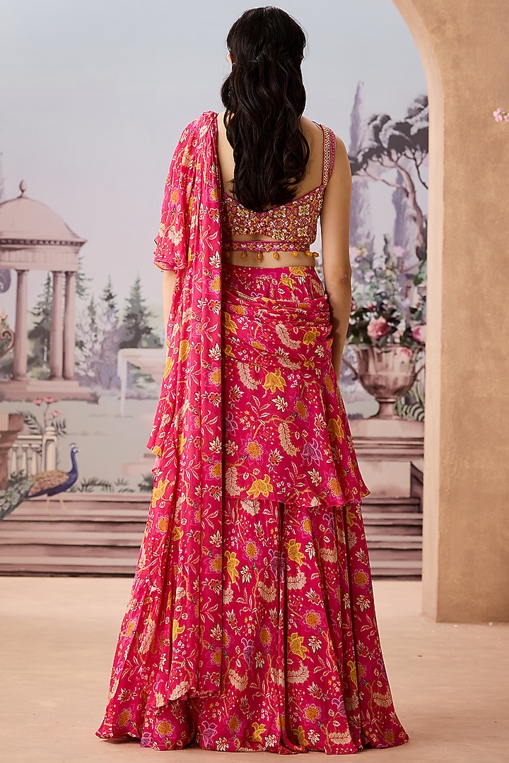 Fuchsia Chinon Chiffon Printed Pre-Draped Wedding Saree Set by Aneesh Agarwaal PRET at Pernia's Pop Up Shop