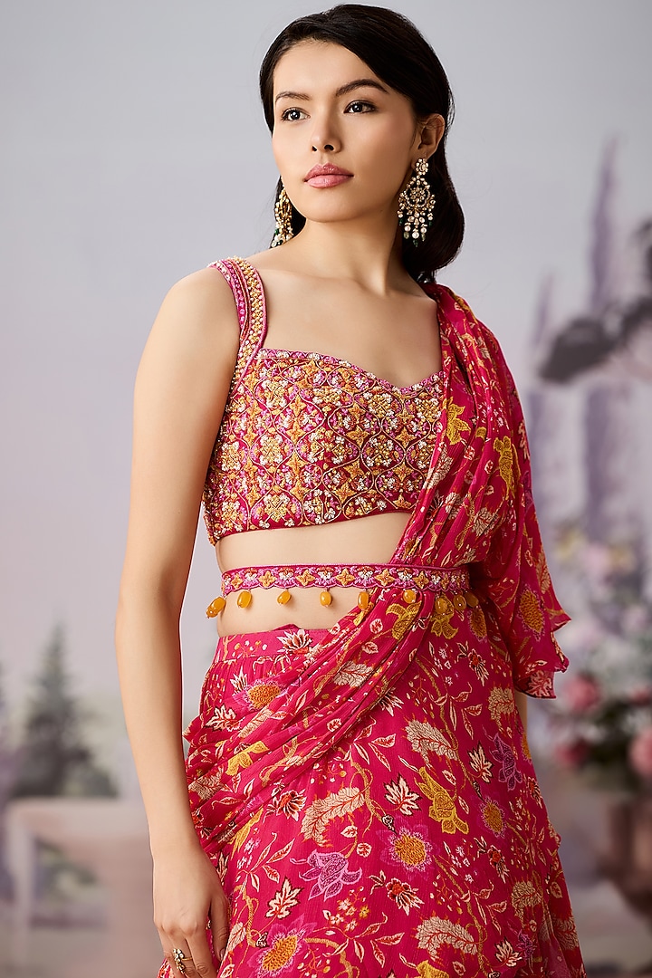 Fuchsia Chinon Chiffon Printed Pre-Draped Wedding Saree Set by Aneesh Agarwaal PRET at Pernia's Pop Up Shop