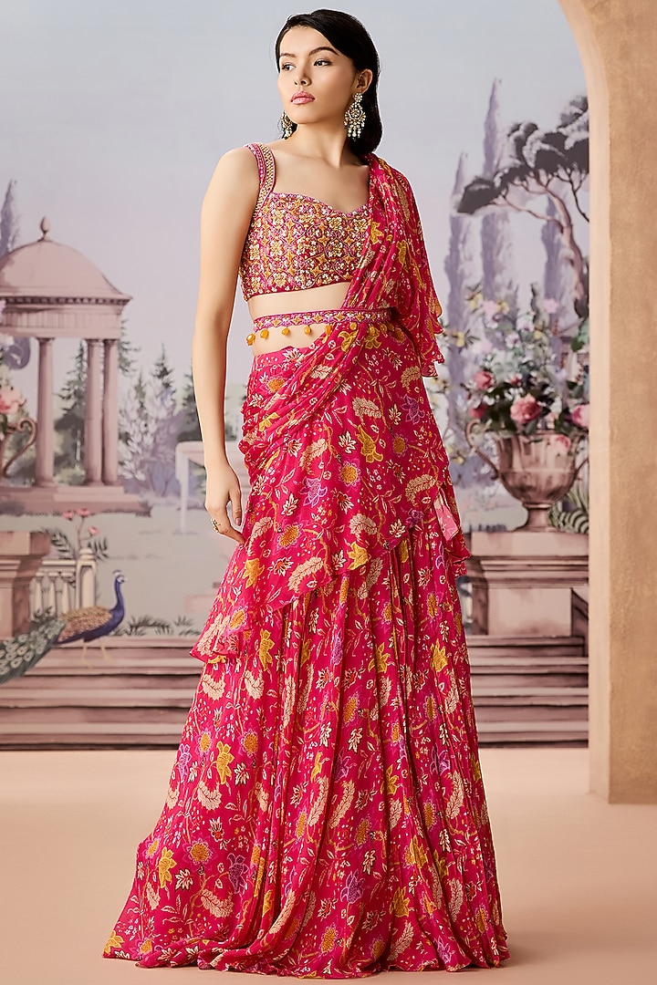 Fuchsia Chinon Chiffon Printed Pre-Draped Wedding Saree Set by Aneesh Agarwaal PRET at Pernia's Pop Up Shop