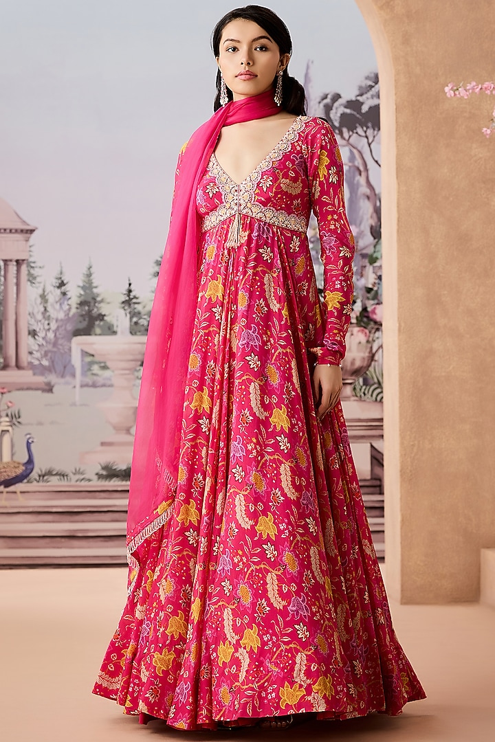 Fuchsia Chinon Chiffon Printed & Embroidered Anarkali Set by Aneesh Agarwaal PRET at Pernia's Pop Up Shop