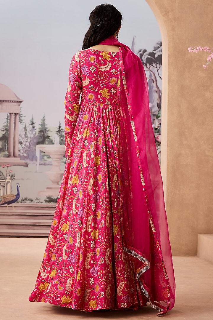 Fuchsia Chinon Chiffon Printed & Embroidered Wedding Anarkali Set by Aneesh Agarwaal PRET at Pernia's Pop Up Shop