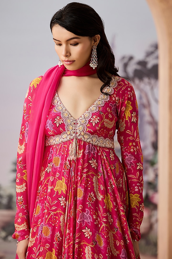 Fuchsia Chinon Chiffon Printed & Embroidered Wedding Anarkali Set by Aneesh Agarwaal PRET at Pernia's Pop Up Shop