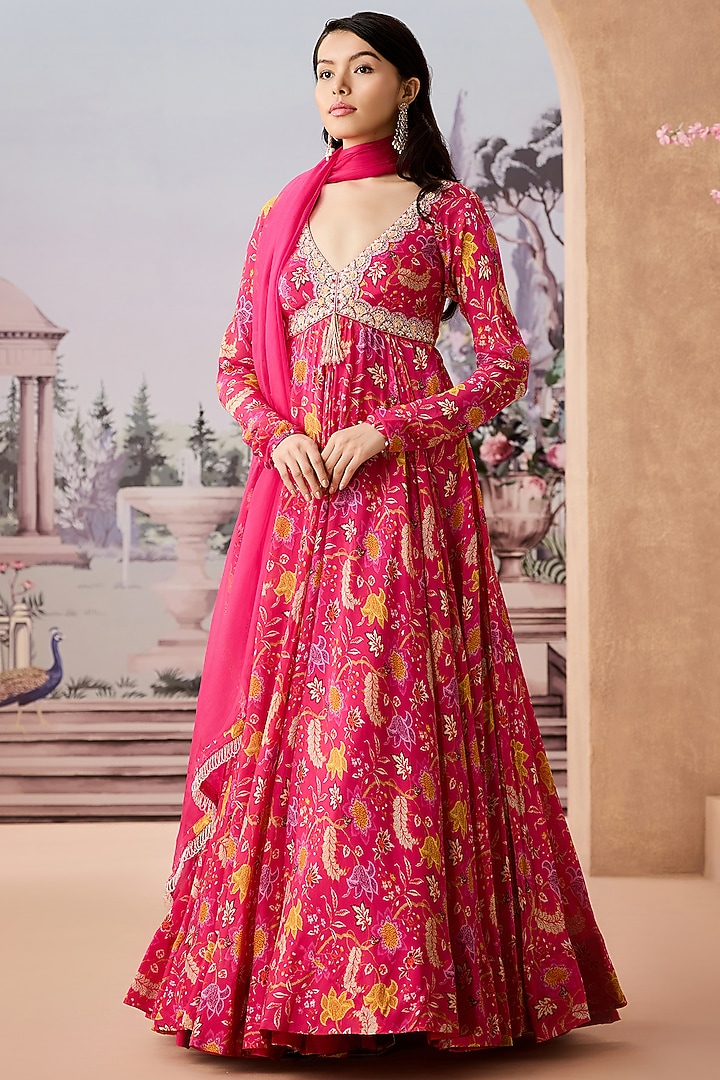 Fuchsia Chinon Chiffon Printed & Embroidered Wedding Anarkali Set by Aneesh Agarwaal PRET at Pernia's Pop Up Shop