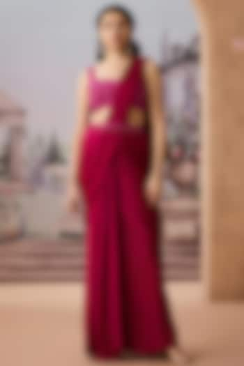 Magenta Satin Chiffon Pre-Draped Saree Set by Aneesh Agarwaal PRET at Pernia's Pop Up Shop