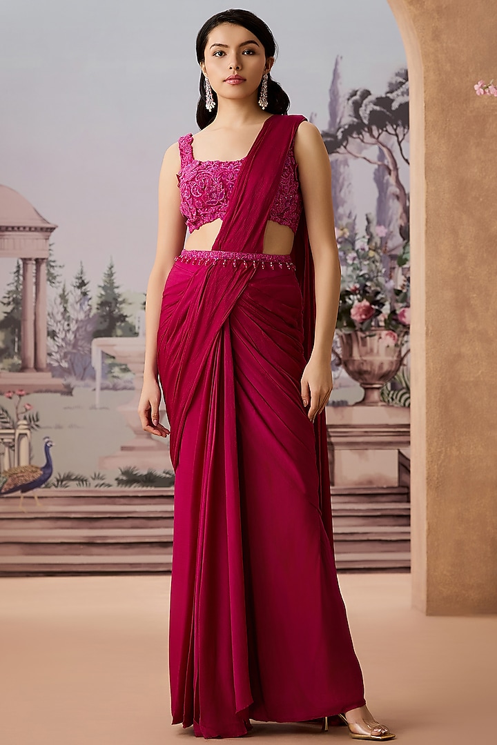 Magenta Satin Chiffon Pre-Draped Saree Set by Aneesh Agarwaal PRET at Pernia's Pop Up Shop