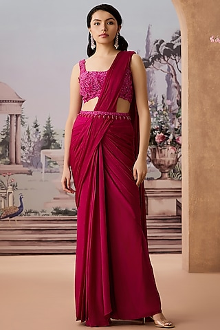 Magenta Satin Chiffon Pre-Draped Saree Set by Aneesh Agarwaal PRET