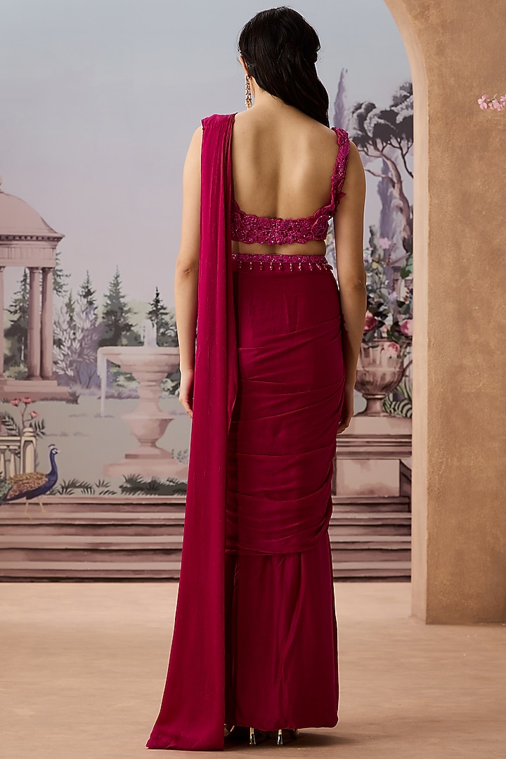 Magenta Satin Chiffon Pre-Draped Wedding Saree Set by Aneesh Agarwaal PRET at Pernia's Pop Up Shop