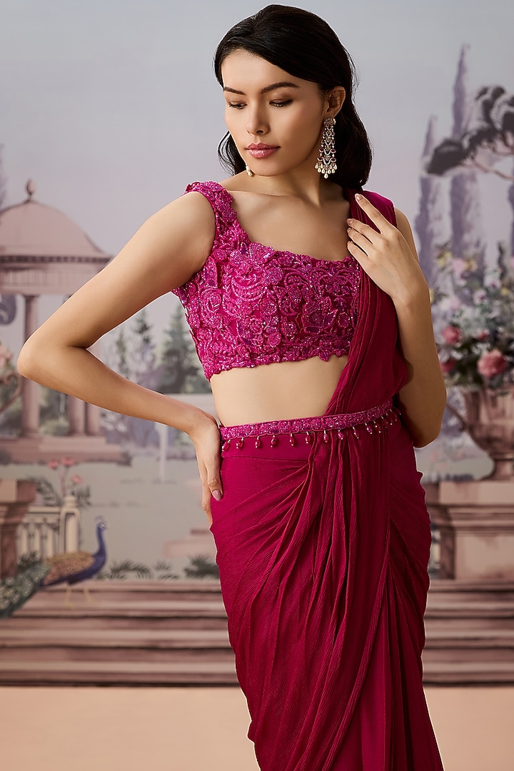 Magenta Satin Chiffon Pre-Draped Wedding Saree Set by Aneesh Agarwaal PRET at Pernia's Pop Up Shop