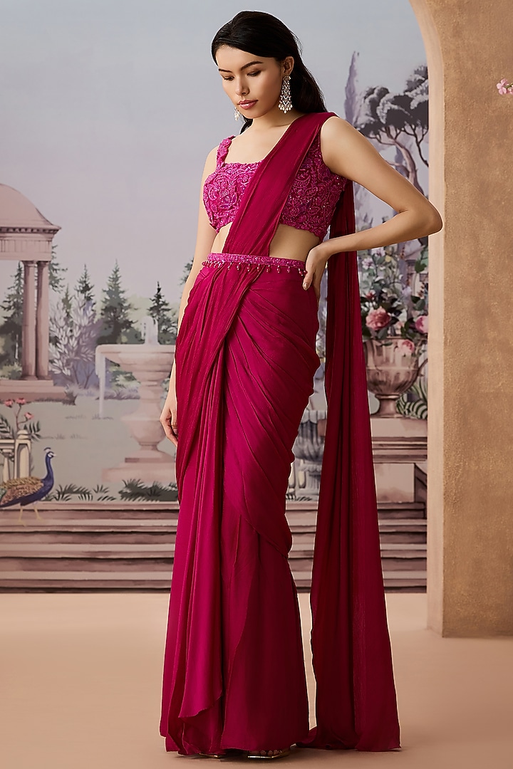 Magenta Satin Chiffon Pre-Draped Wedding Saree Set by Aneesh Agarwaal PRET at Pernia's Pop Up Shop