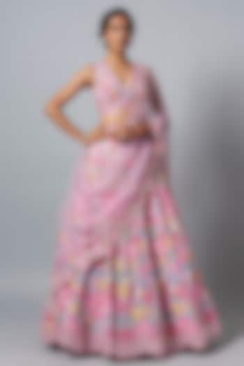 Pink Silk Organza Floral Embroidered Bridal Lehenga Set by Aneesh Agarwaal at Pernia's Pop Up Shop