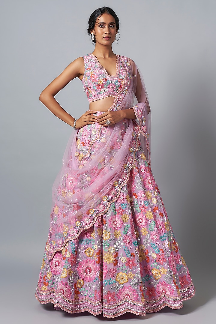 Pink Silk Organza Floral Embroidered Bridal Lehenga Set by Aneesh Agarwaal at Pernia's Pop Up Shop