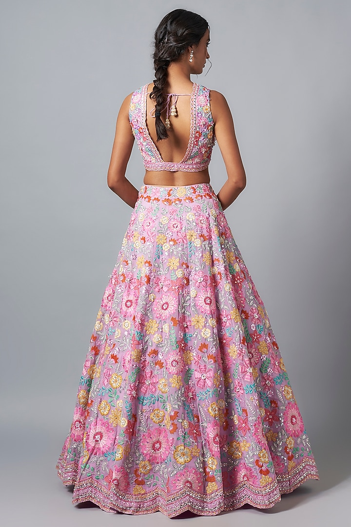 Pink Silk Organza Floral Embroidered Bridal Lehenga Set by Aneesh Agarwaal at Pernia's Pop Up Shop
