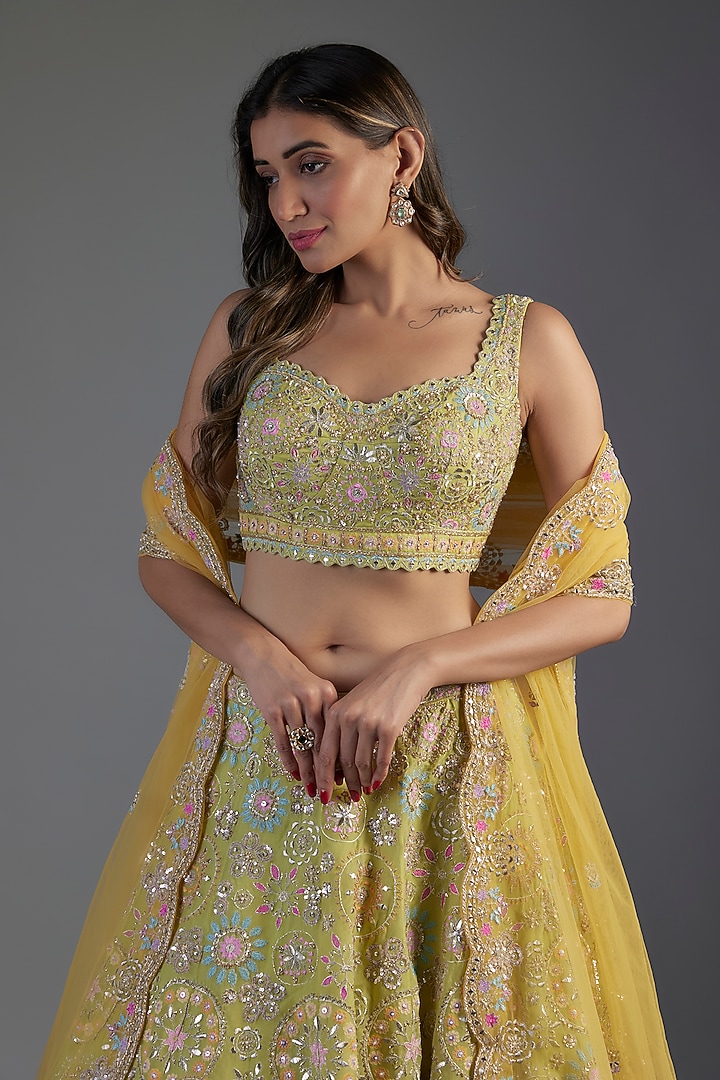 Green Organza Embroidered Bridal Lehenga Set by Aneesh Agarwaal at Pernia's Pop Up Shop