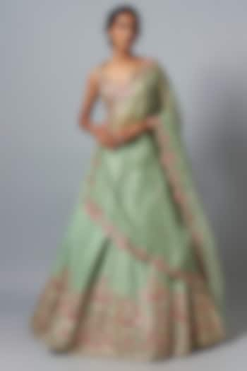 Mint Dupion Silk Embroidered Bridal Lehenga Set by Aneesh Agarwaal at Pernia's Pop Up Shop