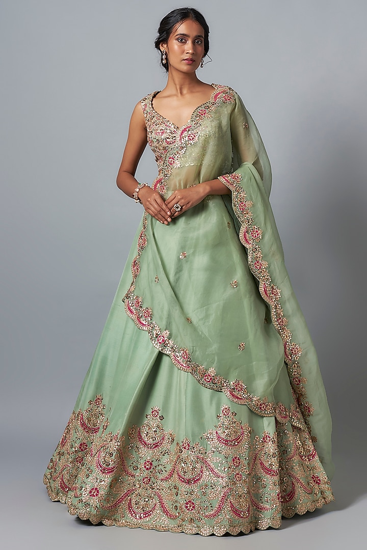 Mint Dupion Silk Embroidered Bridal Lehenga Set by Aneesh Agarwaal at Pernia's Pop Up Shop