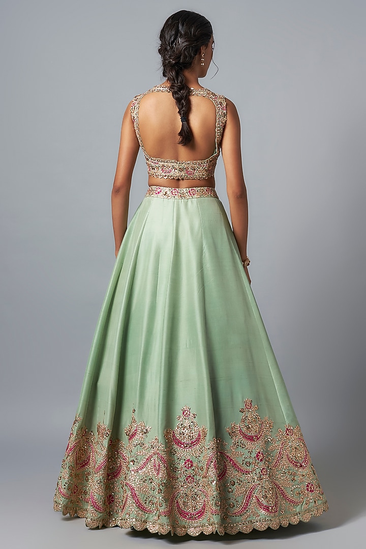 Mint Dupion Silk Embroidered Bridal Lehenga Set by Aneesh Agarwaal at Pernia's Pop Up Shop