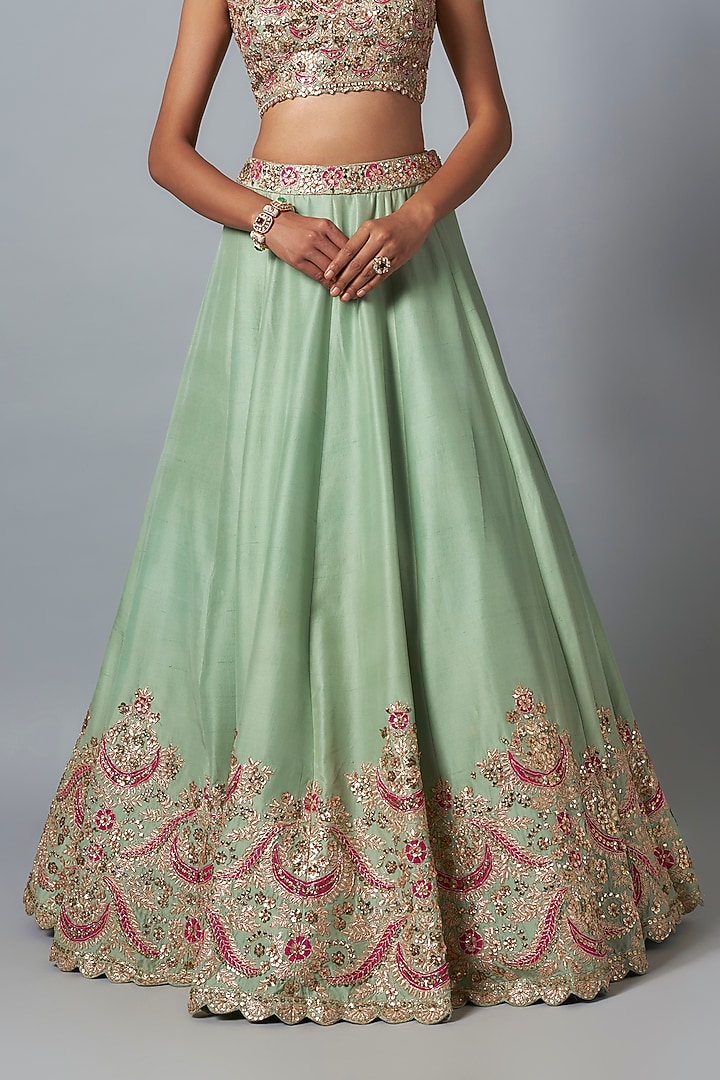 Mint Dupion Silk Embroidered Bridal Lehenga Set by Aneesh Agarwaal at Pernia's Pop Up Shop