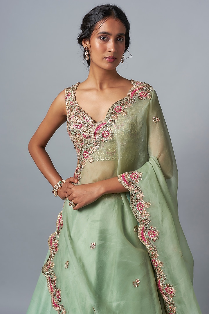 Mint Dupion Silk Embroidered Bridal Lehenga Set by Aneesh Agarwaal at Pernia's Pop Up Shop