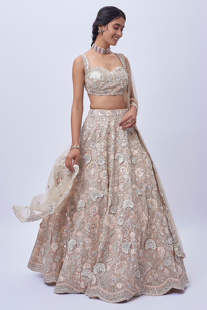 Peach & Beige Organza Bridal Lehenga Set by Aneesh Agarwaal at Pernia's Pop Up Shop