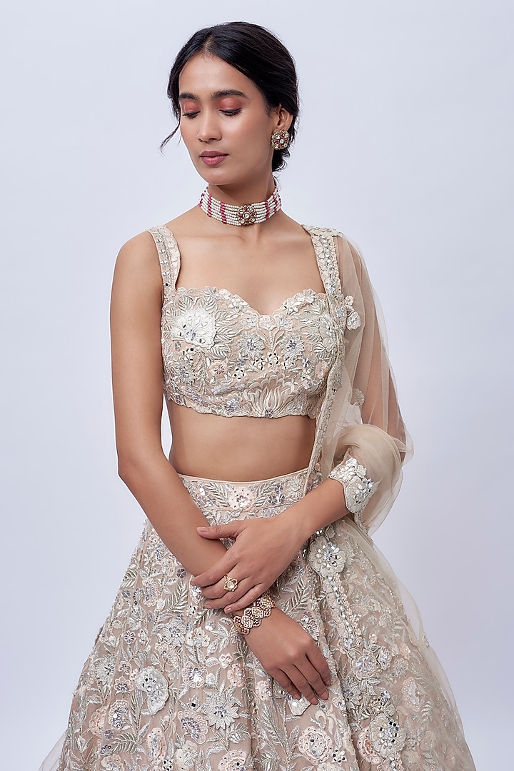 Peach & Beige Organza Bridal Lehenga Set by Aneesh Agarwaal at Pernia's Pop Up Shop