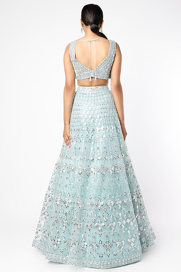 Aqua Blue Silver Foil Embroidered Bridal Lehenga Set by Aneesh Agarwaal at Pernia's Pop Up Shop