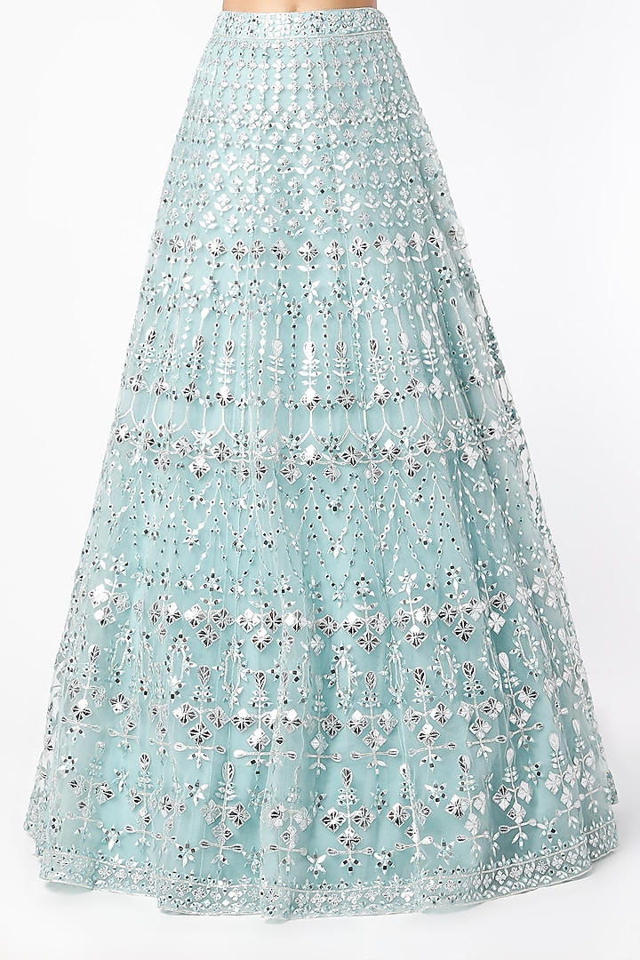 Aqua Blue Silver Foil Embroidered Bridal Lehenga Set by Aneesh Agarwaal at Pernia's Pop Up Shop