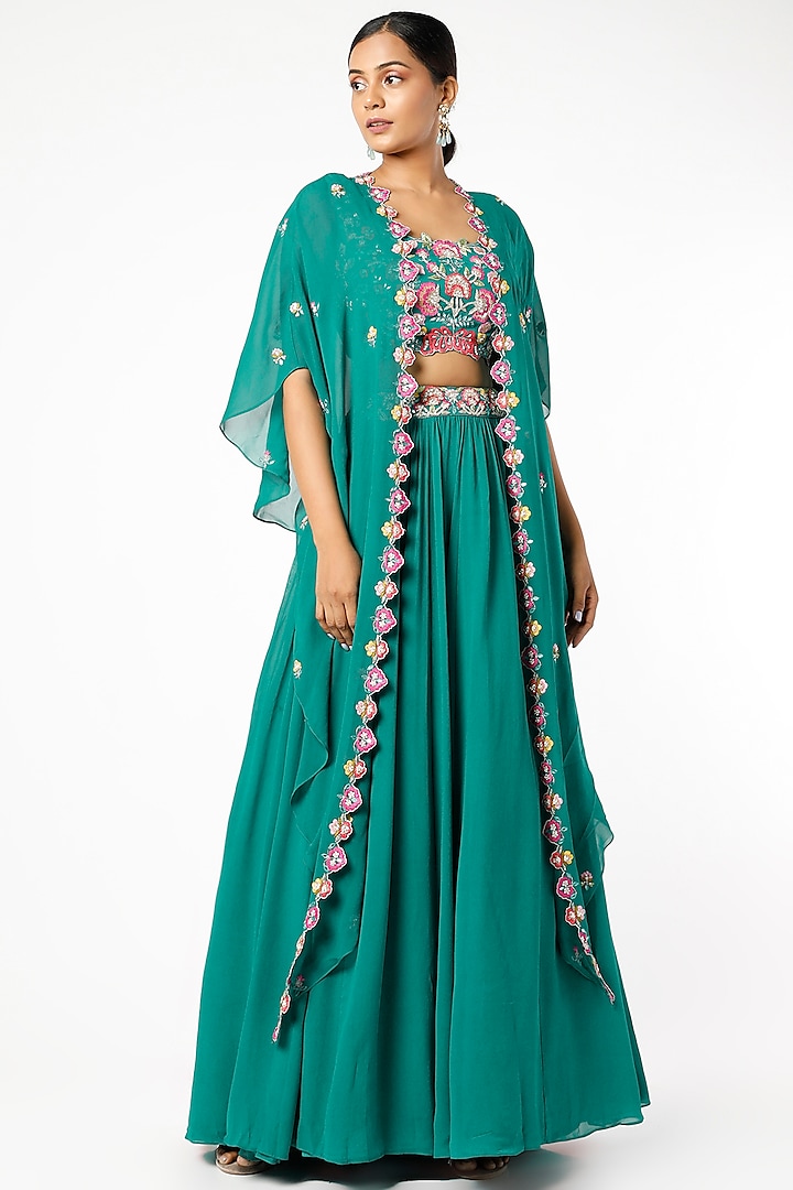 Teal Embroidered Cape Set by Aneesh Agarwaal PRET