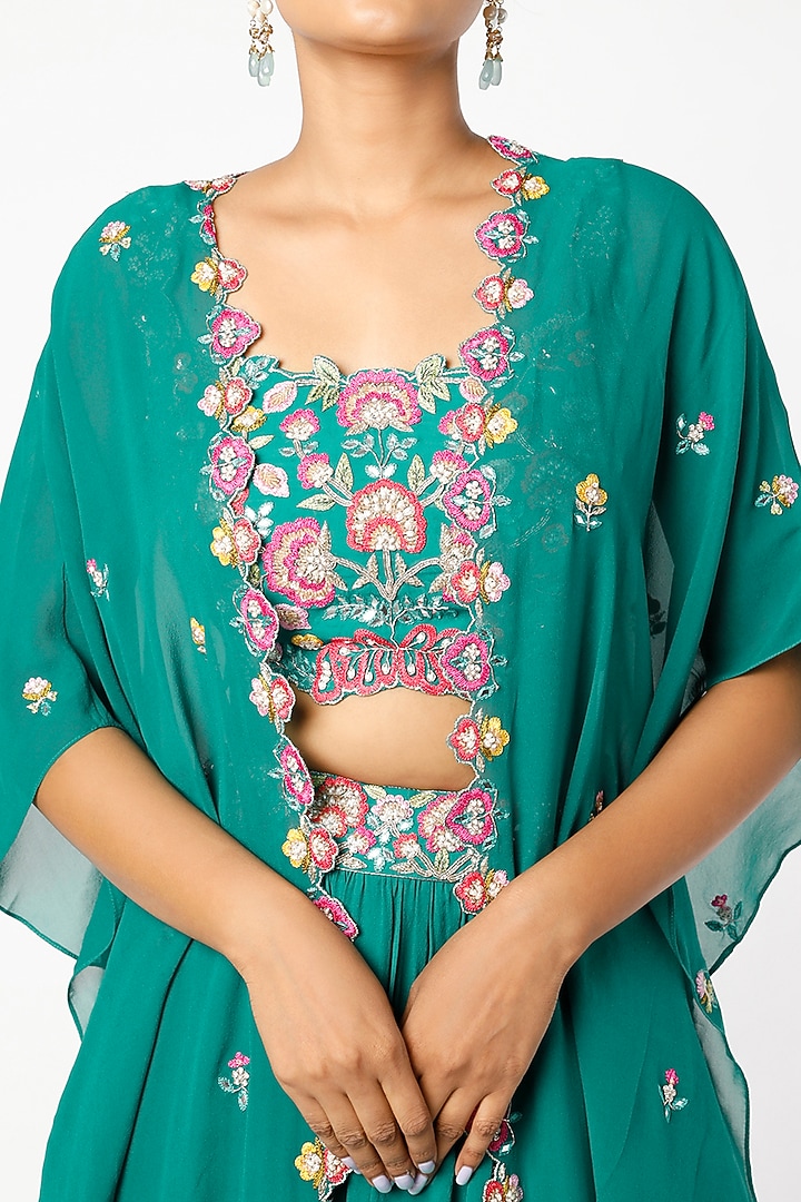 Teal Embroidered Cape Set by Aneesh Agarwaal PRET at Pernia's Pop Up Shop