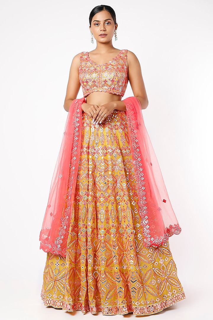 Yellow Gold Foil Embroidered Lehenga Set by Aneesh Agarwaal