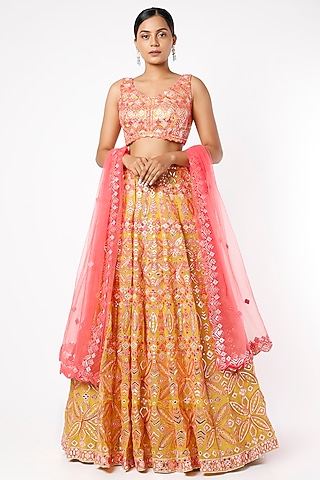Yellow Gold Foil Embroidered Lehenga Set by Aneesh Agarwaal