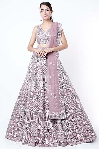 Taupe Mirror Embroidered Lehenga Set by Aneesh Agarwaal