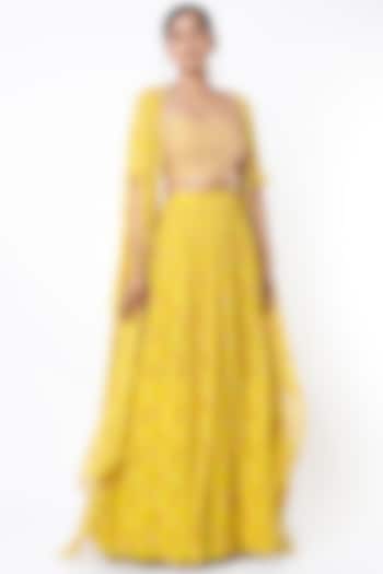 Yellow Printed Skirt Set by Aneesh Agarwaal PRET