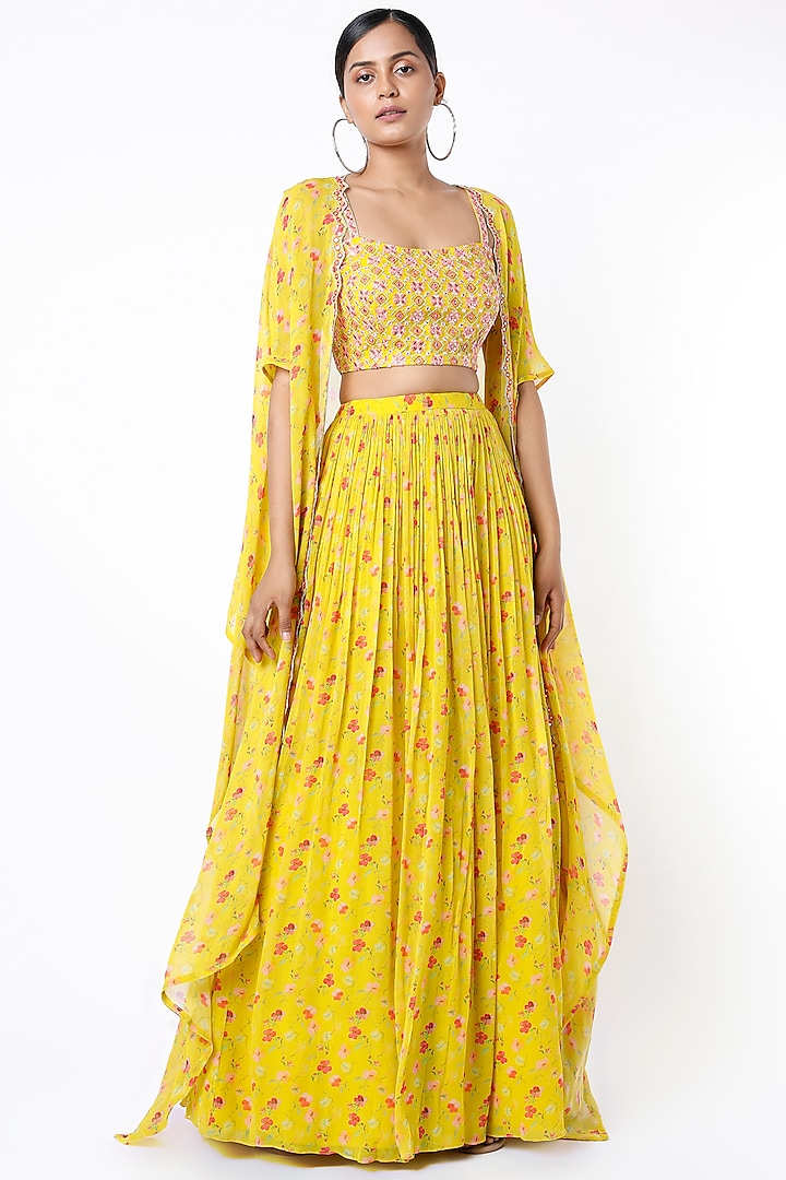 Yellow Printed Skirt Set by Aneesh Agarwaal PRET