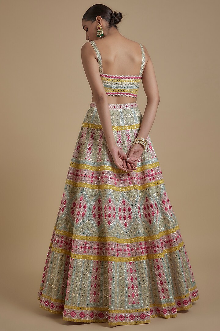 Ivory Organza Applique Embroidered Bridal Lehenga Set by Aneesh Agarwaal at Pernia's Pop Up Shop