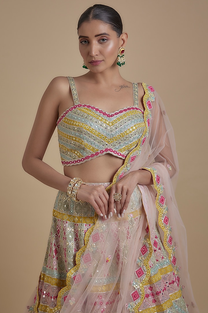Ivory Organza Applique Embroidered Bridal Lehenga Set by Aneesh Agarwaal at Pernia's Pop Up Shop
