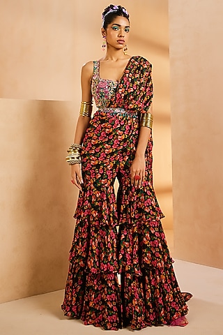 Black Chinon Silk Floral Printed Pre-Draped Layered Sharara Saree Set by Aneesh Agarwaal PRET